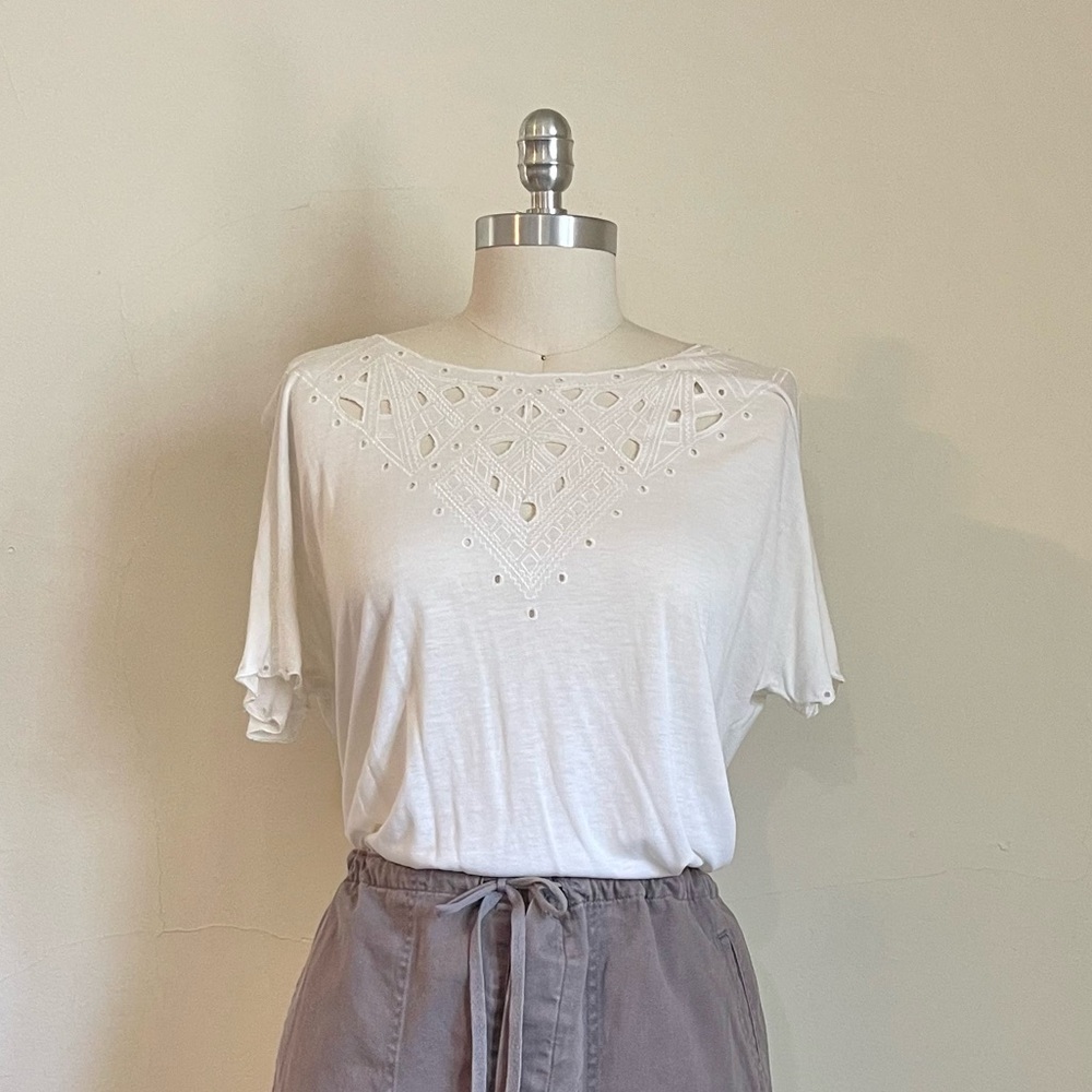 Madewell Cream Embroidered Cut Out Tee